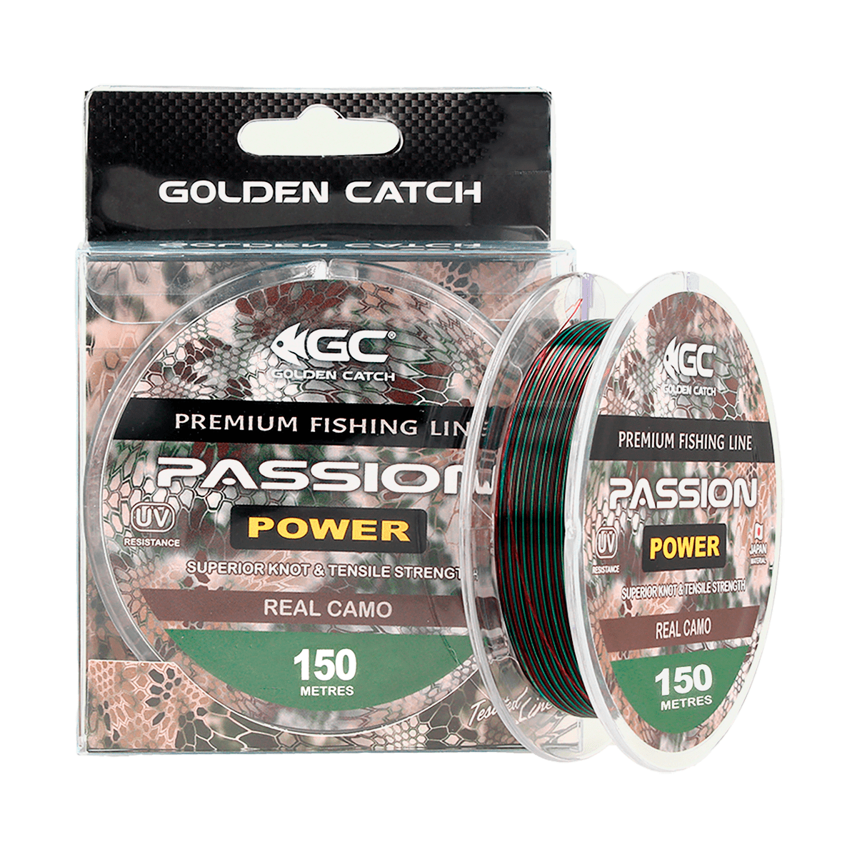 Golden Catch Nylon Line Passion Power 150m Real Camo
